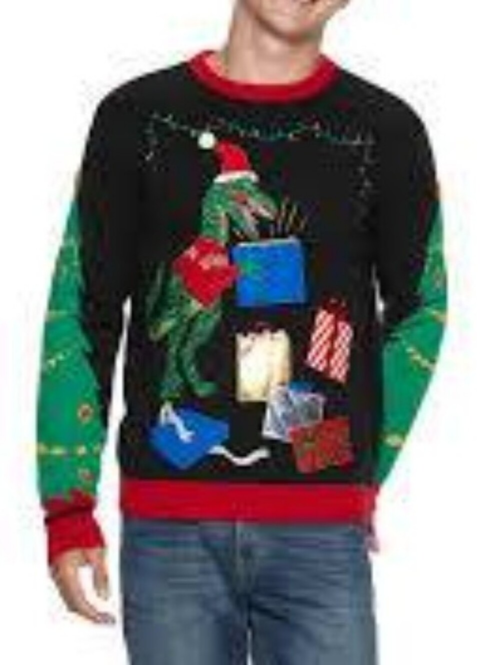 Men's Christmas Crewneck Sweater Dinosaur Raptor Presents & Tree Size XL
